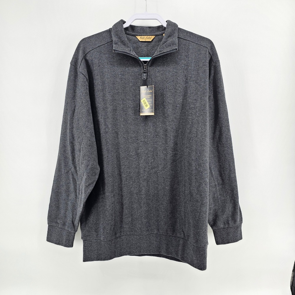 Roundtree & Yorke Gold Label Pullover L Charcoal Herringbone Quarter Zip NWT